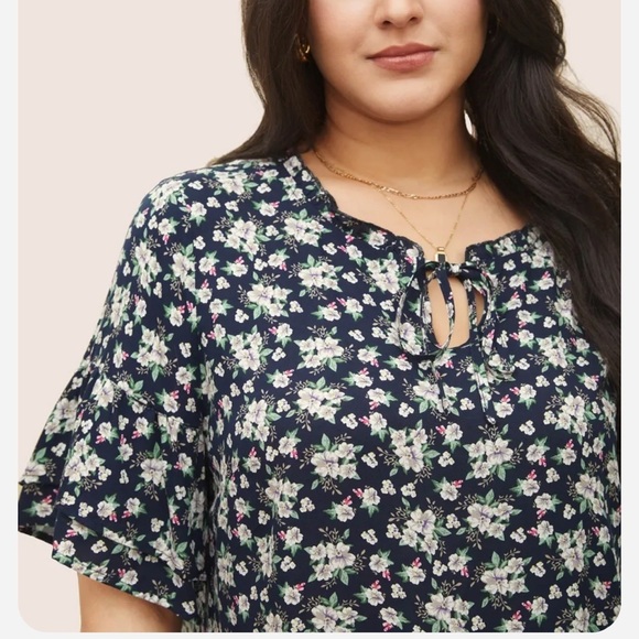 BloomChic Plus Size XL Floral Print Cross Straps Frill Trim Blouse us14-16 - Picture 3 of 6